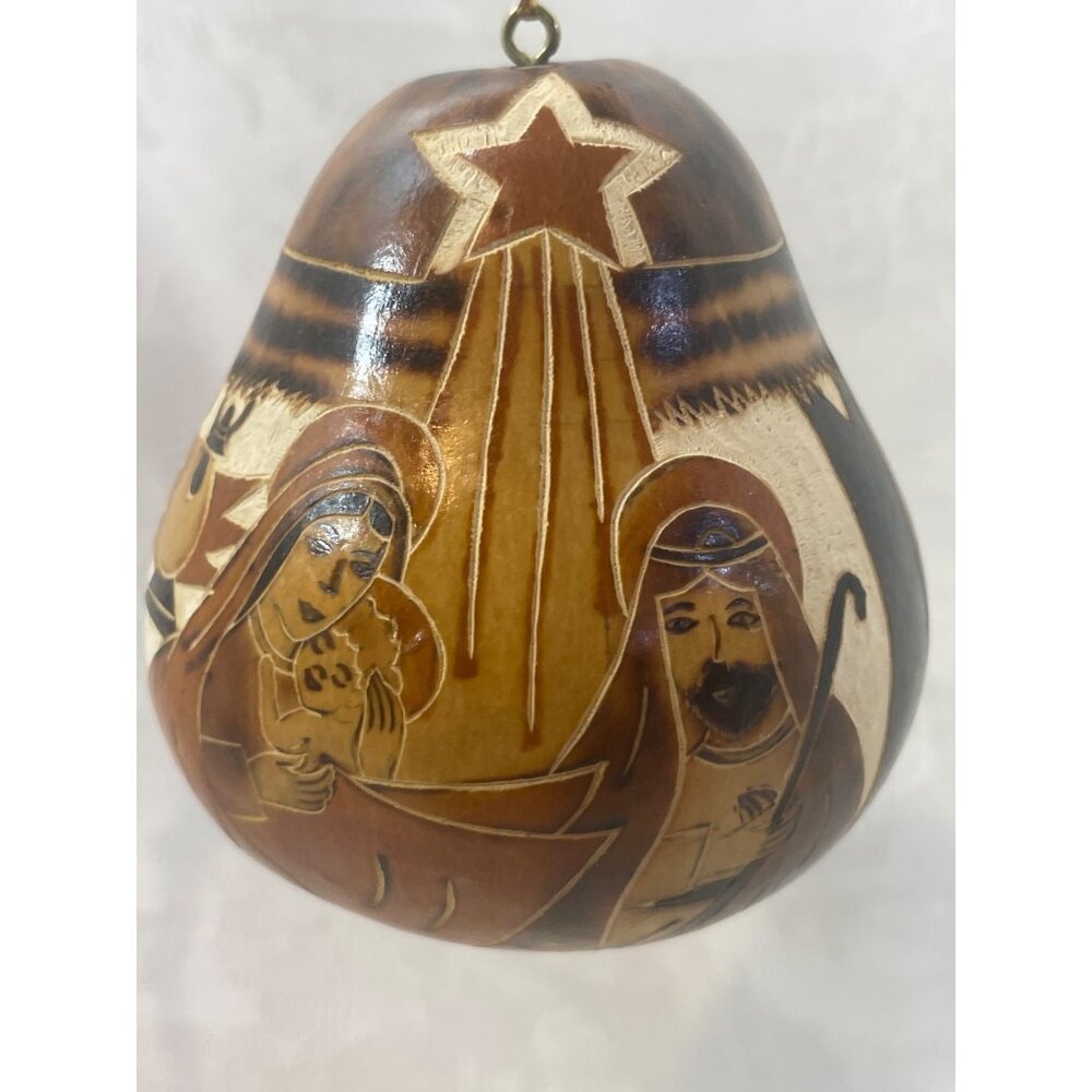 Gourd Burned Carved Mary Joseph Baby Jesus Angel 3” Unique